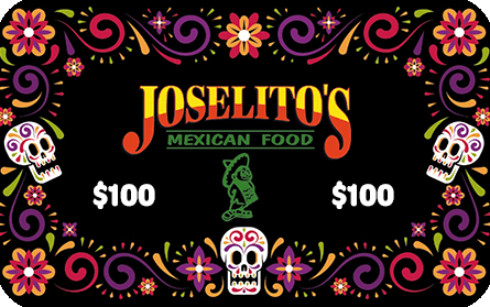 Black Joselito's gift card with colorful floral and sugar skull artwork